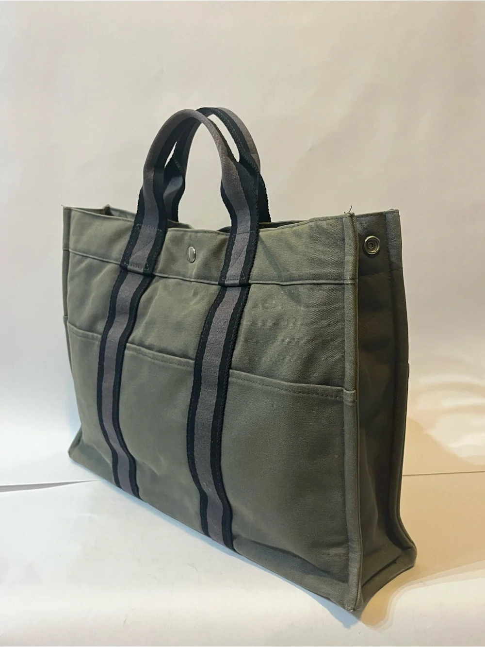 Authentic HERMÈS Fourre Tout MM Canvas Tote | Khaki + Black Stripe | Made in 🇫🇷